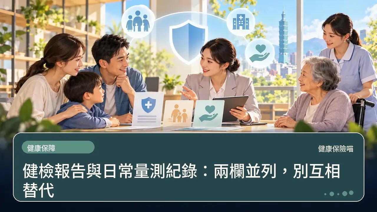 健檢報告與日常量測紀錄：兩欄並列，別互相替代主題插畫