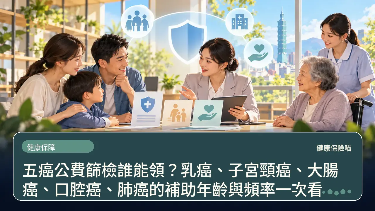 五癌公費篩檢誰能領？乳癌、子宮頸癌、大腸癌、口腔癌、肺癌的補助年齡與頻率一次看主題插畫