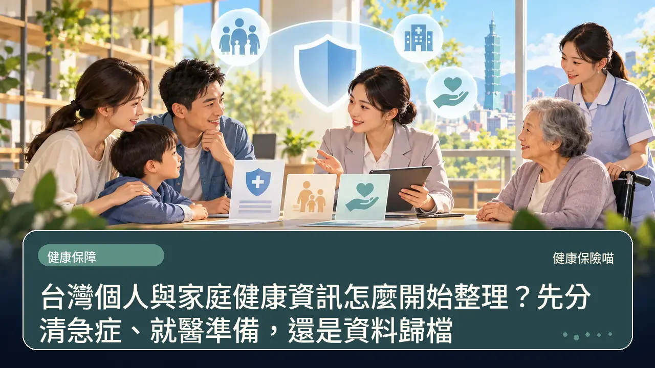 台灣個人與家庭健康資訊怎麼開始整理?先分清急症、就醫準備,還是資料歸檔主題插畫