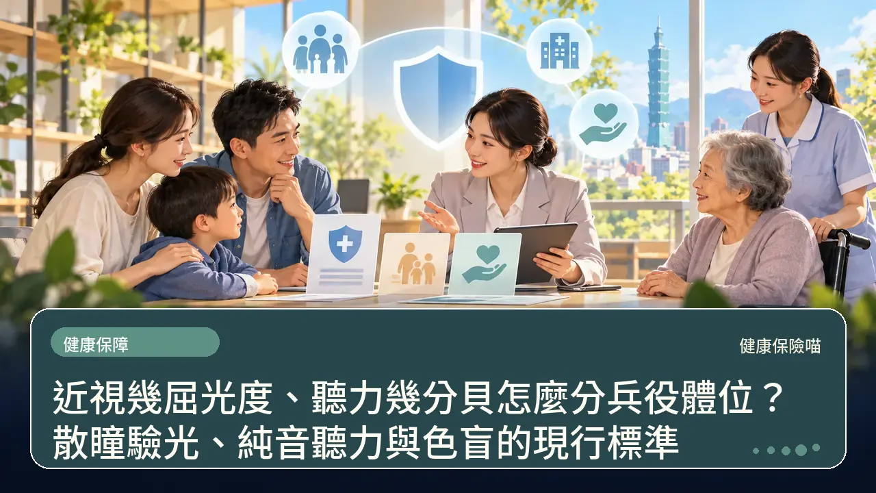 近視幾屈光度、聽力幾分貝怎麼分兵役體位？散瞳驗光、純音聽力與色盲的現行標準主題插畫