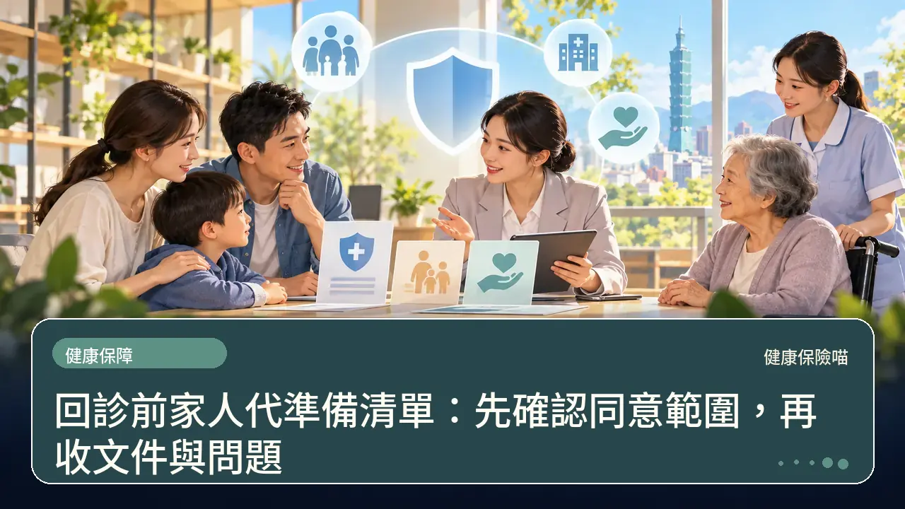 回診前家人代準備清單:先確認同意範圍,再收文件與問題主題插畫